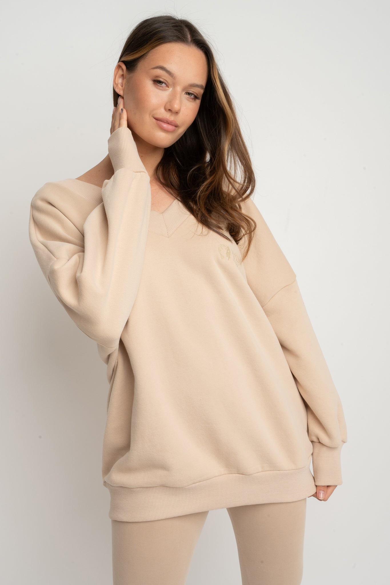 BEIGE OVERSIZED V-NECK SWEATSHIRT – BISCOE