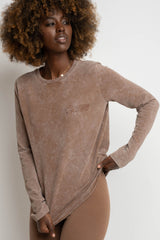 LONG SLEEVE WASHED EFFECT TOP BROWN - POLIKSENA