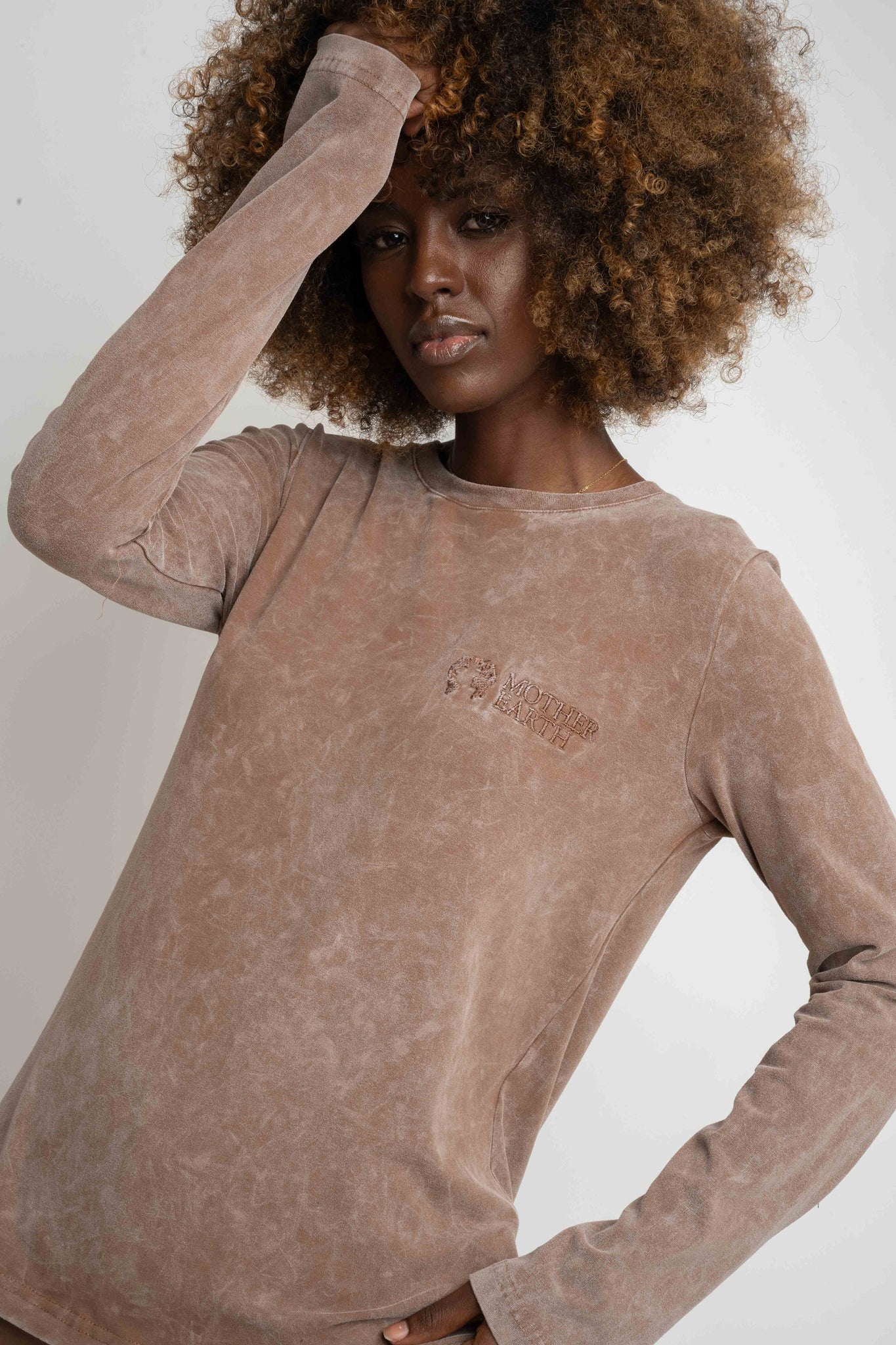 LONG SLEEVE WASHED EFFECT TOP BROWN - POLIKSENA