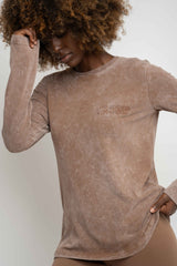 LONG SLEEVE WASHED EFFECT TOP BROWN - POLIKSENA
