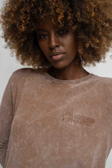 LONG SLEEVE WASHED EFFECT TOP BROWN - POLIKSENA