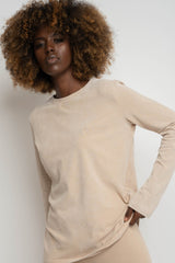 LONG SLEEVE WASHED EFFECT TOP BEIGE - POLIKSENA