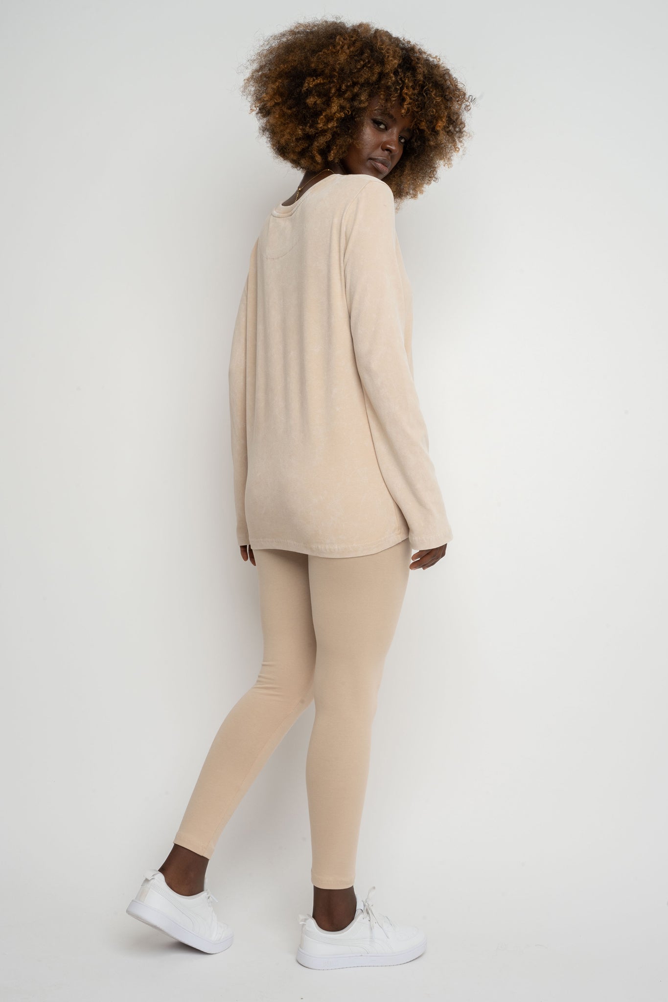 LONG SLEEVE WASHED EFFECT TOP BEIGE - POLIKSENA