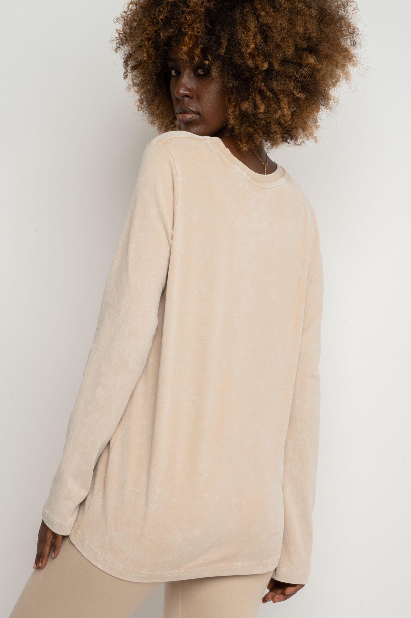 LONG SLEEVE WASHED EFFECT TOP BEIGE - POLIKSENA