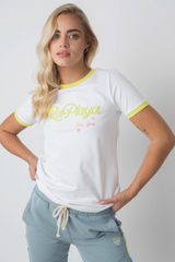 T -Shirt La Playa White mit gelbem Schreiben und Trimm - Cosma