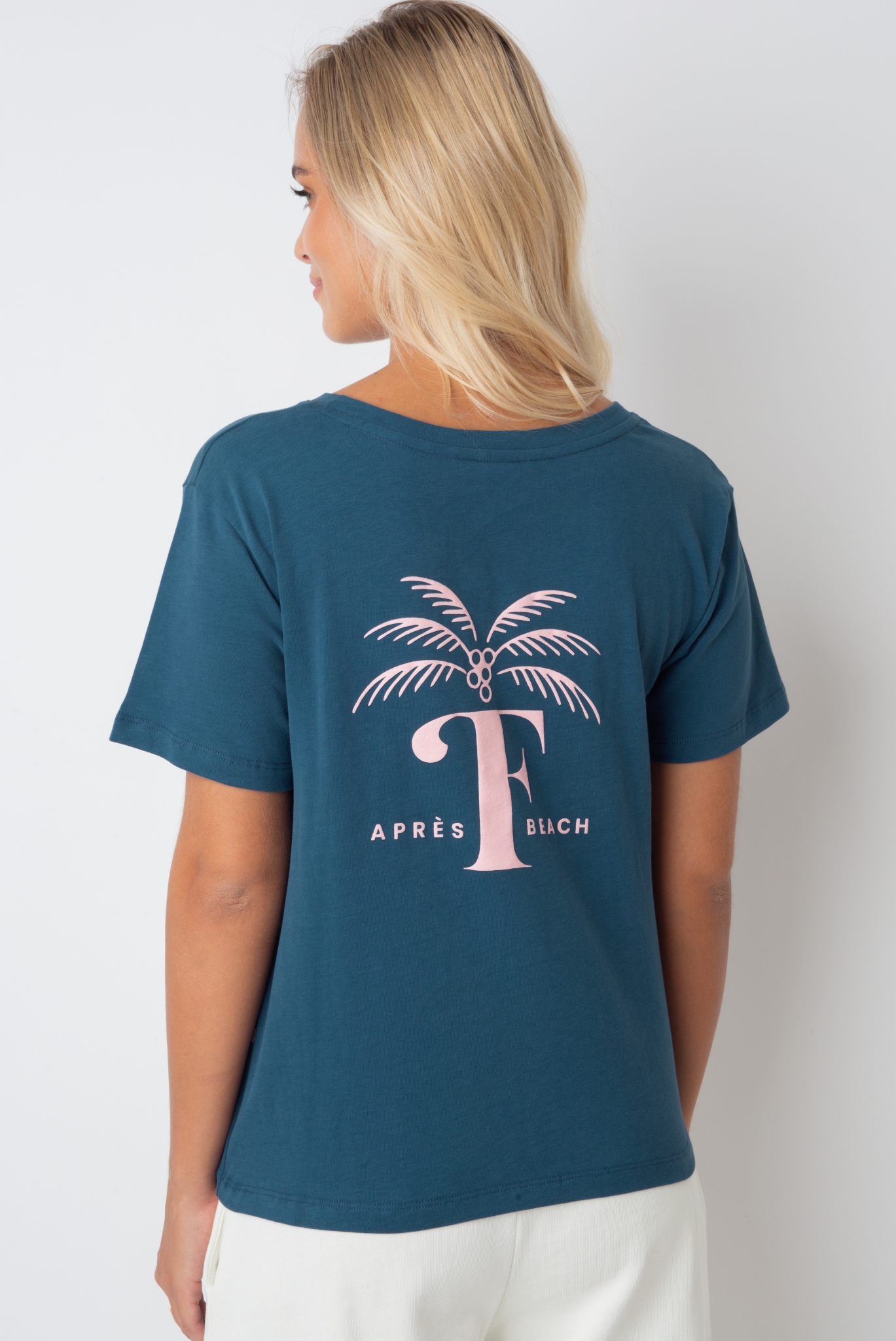 Apres Beach Marine Blue T -Shirt mit rosa Palmendruck - Manuel